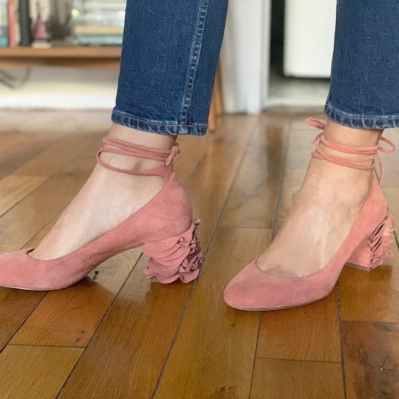 NWT Loeffler Randall pink suede leather ruffled block heel Clea pump - Picture 2 of 12
